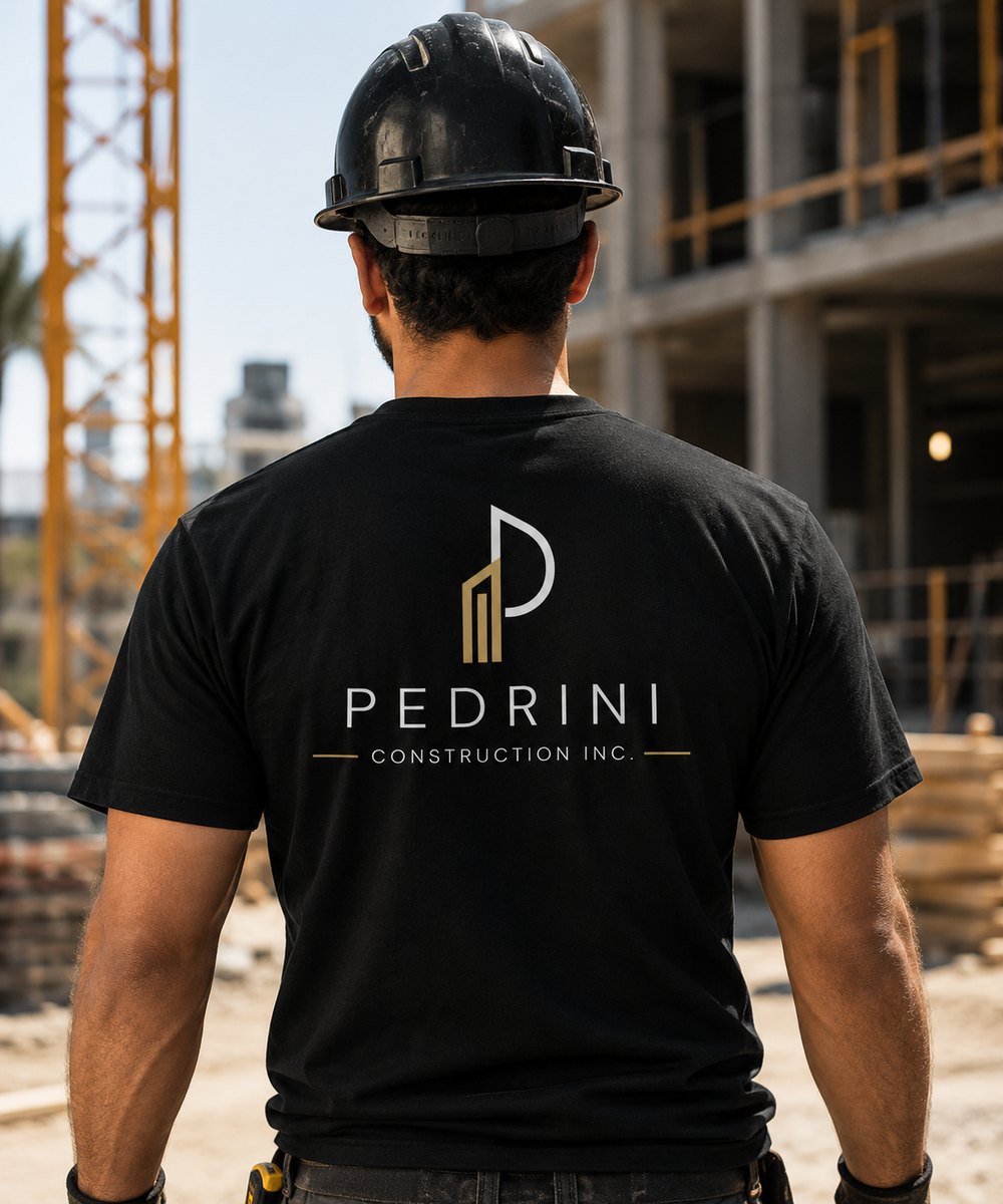 A Pedrini Construction team member on site in a branded work shirt and hard hat